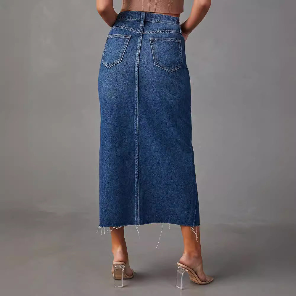 High Waist Denim Midi-Rock