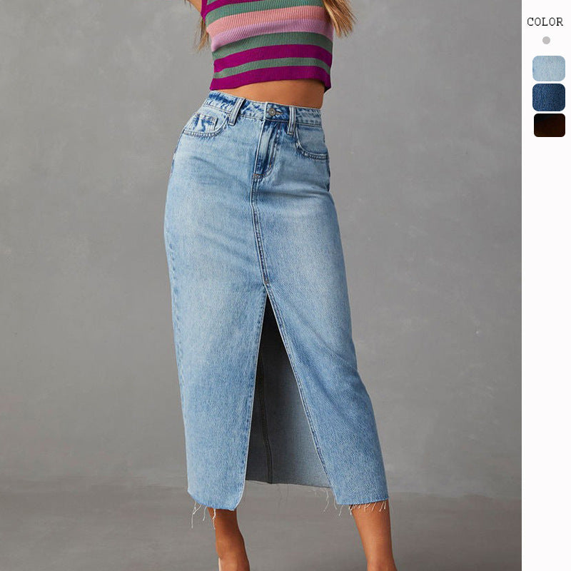 High Waist Denim Midi-Rock